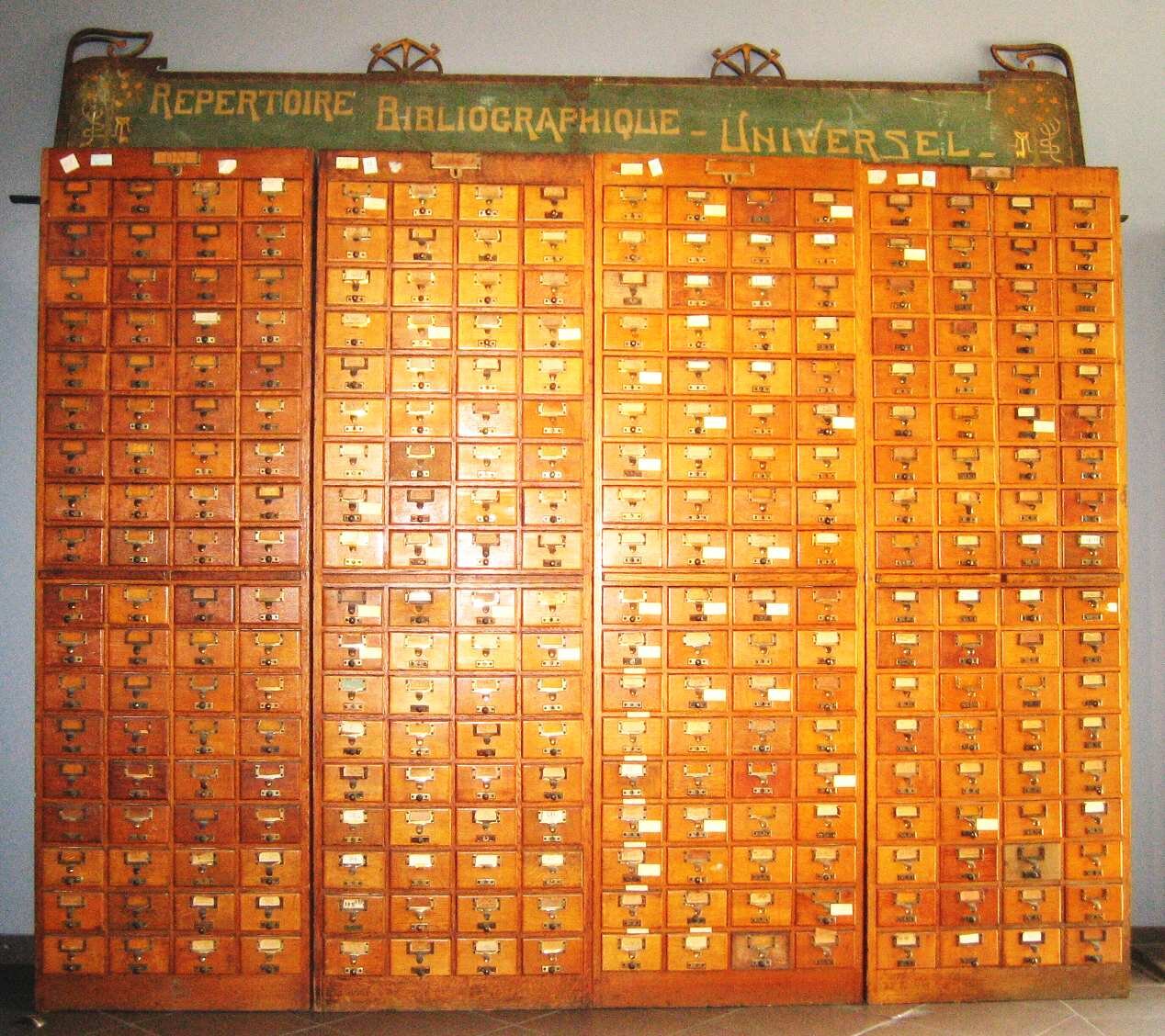 Drawers with bibliographic index cards of Paul Otlet’s “Universal Bibligraphical System”